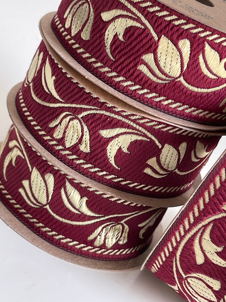 Medieval braid tulip patterns theatrical ribbon 35 mm burgundy and gold medieval braid jacquard embroidered ribbon medieval woven border image 4