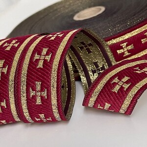 Liturgical gold cross ribbon on burgundy background liturgical border gold cross ribbon 28 mm burgundy and gold Church braid ecclesiastical ribbon image 8