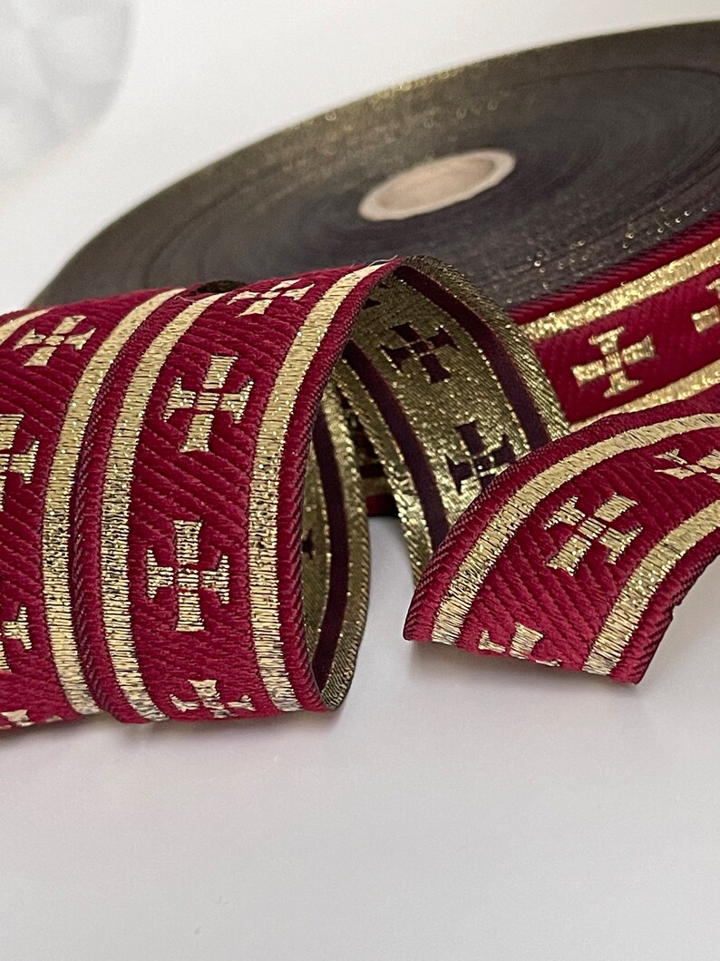 Liturgical gold cross ribbon on burgundy background liturgical border gold cross ribbon 28 mm burgundy and gold Church braid ecclesiastical ribbon image 8