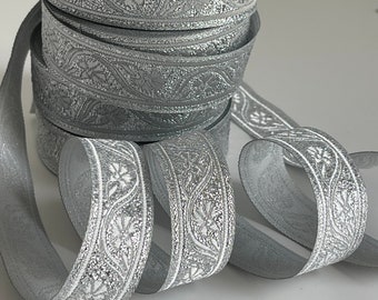 Medieval braid with cornflower motif, gold medieval ribbon, 22 mm, metallic grey cornflower motif braid, jacquard embroidered border