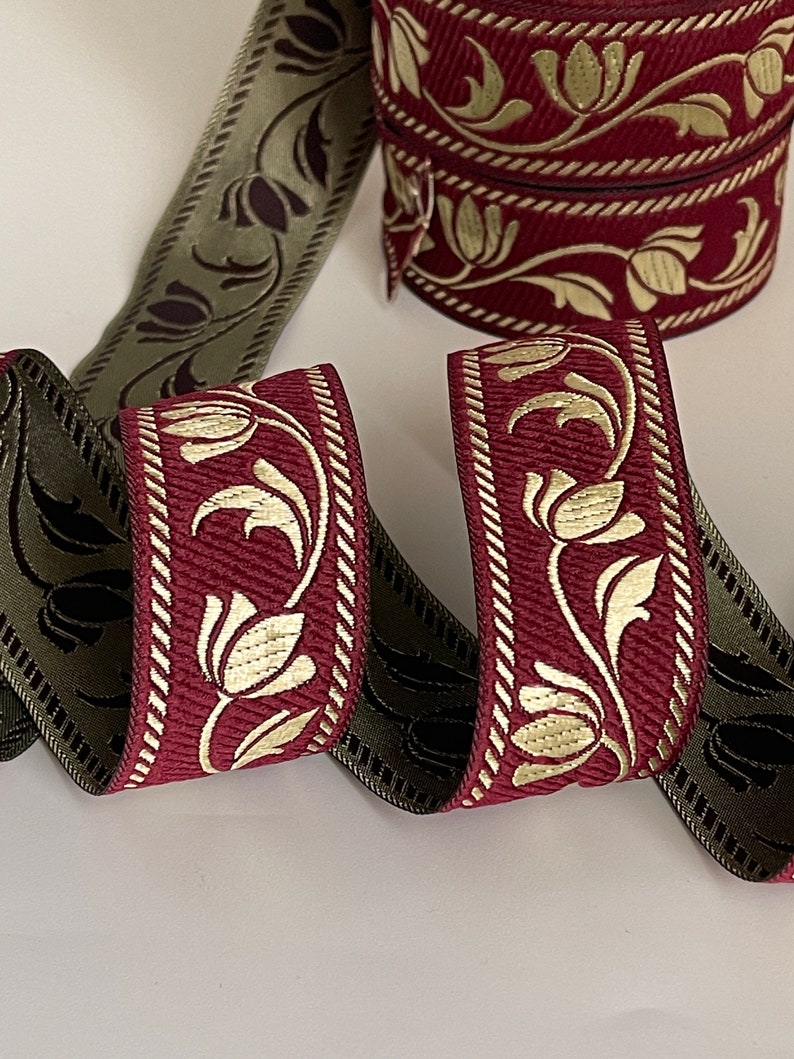 Medieval braid tulip patterns theatrical ribbon 35 mm burgundy and gold medieval braid jacquard embroidered ribbon medieval woven border image 8