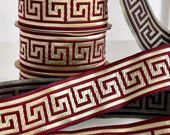 Medieval braid with Greek key pattern, burgundy and gold medieval ribbon, 35 mm jacquard embroidered braid,