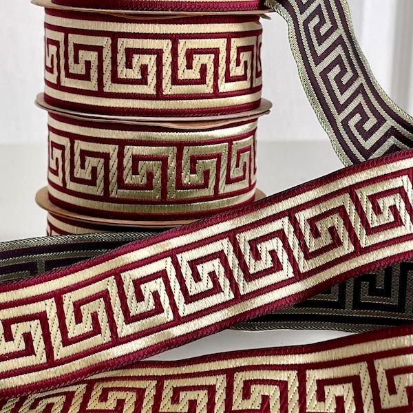 Medieval braid with Greek key pattern, burgundy and gold medieval ribbon, 35 mm jacquard embroidered braid,