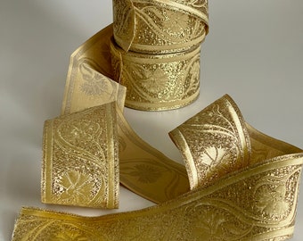 Galon médiéval doré motif fleur de bleuet ruban celtique 50 mm bordure médiévale doré 50 mm bordure artisanale ruban brodé jacquard bleuet