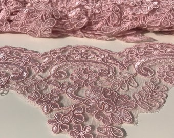 Pink embroidered lace, embroidered lace on tulle.