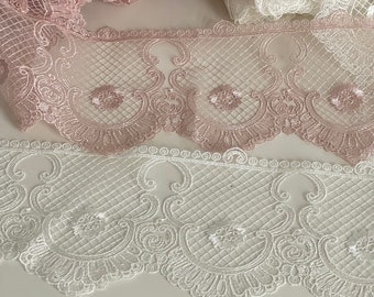 Embroidered lace, pink lace, off white lace, 10.5 cm embroidered lace, lace by the meter