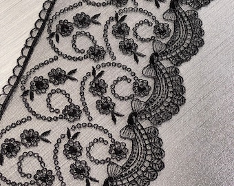 Embroidered lace on tulle artisanal lace 13 cm black lace black scalloped lace