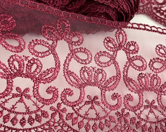 Embroidered lace on tulle, burgundy lace, embroidered lace burgundy