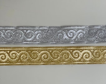 Galon brodé jacquard, ruban motif escargot, galon médiéval 35 mm, ruban tissé style médiéval, ruban brodé style jacquard 35 mm.