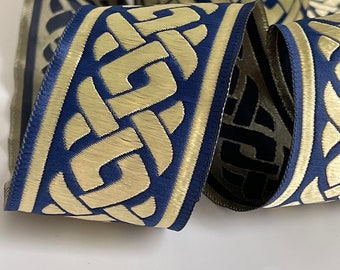 Medieval braid embroidered jacquard theatrical ribbon Celtic braid pattern medieval border navy blue and gold theatrical ribbon 50 mm