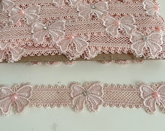 Butterfly pattern lace ribbon, embroidered lace, lace with pearls and rhinestones,