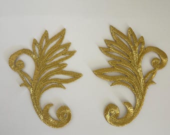 Gold iron-on applique Set of 2 badges 8x10 cm Baroque leaf motif patch to stick on textile silver applique