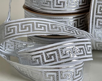 Jacquard braid with Greek key pattern, medieval ribbon, 25 mm embroidered braid, silver/white ribbon