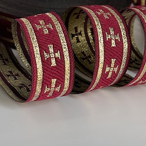 Liturgical gold cross ribbon on burgundy background liturgical border gold cross ribbon 28 mm burgundy and gold Church braid ecclesiastical ribbon image 1