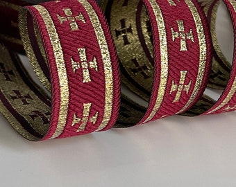 Liturgical gold cross ribbon on burgundy background liturgical border gold cross ribbon 28 mm burgundy and gold Church braid ecclesiastical ribbon