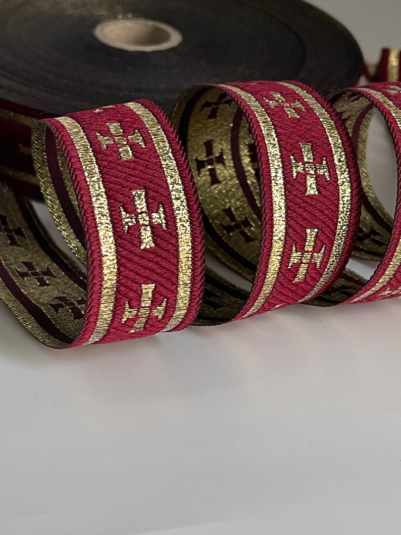 Liturgical gold cross ribbon on burgundy background liturgical border gold cross ribbon 28 mm burgundy and gold Church braid ecclesiastical ribbon image 1