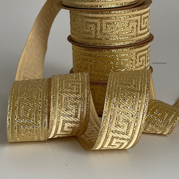 Medieval braid with gold Greek key motif, 35mm jacquard embroidered braid, gold Greek key ribbon, 35mm gold medieval border, jacquard woven border