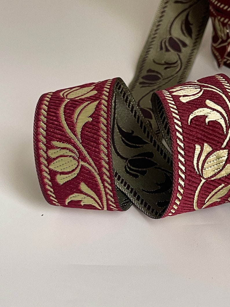 Medieval braid tulip patterns theatrical ribbon 35 mm burgundy and gold medieval braid jacquard embroidered ribbon medieval woven border image 10