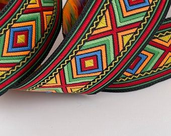 Galon brodé jacquard géométrique, ruban motif africain bordure brodé coloré motif géométrique africain galon tissé 35 mm ruban multicolore