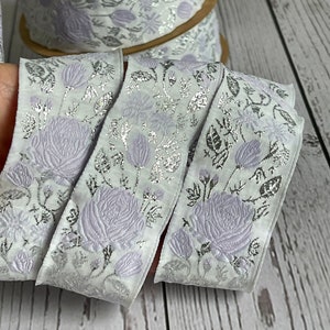 Embroidered floral jacquard ribbon embroidered jacquard braid pink pattern ribbon 35 mm lilac and silver floral ribbon
