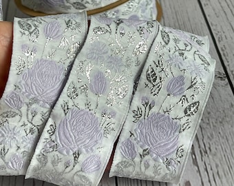 Embroidered floral jacquard ribbon embroidered jacquard braid pink pattern ribbon 35 mm lilac and silver floral ribbon