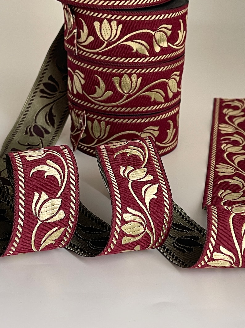 Medieval braid tulip patterns theatrical ribbon 35 mm burgundy and gold medieval braid jacquard embroidered ribbon medieval woven border image 7