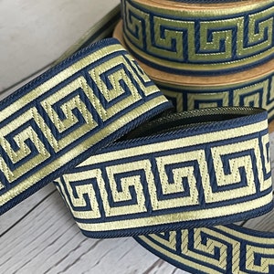 Nastro jacquard intrecciato a treccia medievale ricamato nastro con motivo a chiave greca 35 mm Chiave greca blu e oro