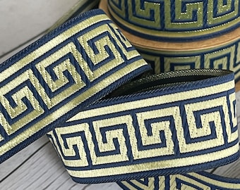 Cinta jacquard trenzada medieval bordada con patrón de llave griega 35 mm llave griega azul y dorado