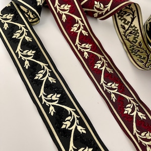 Jacquard embroidered braid 35 mm floral stem motif braid woven ribbon floral stem motif jacquard border burgundy gold woven border black gold