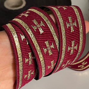 Liturgical gold cross ribbon on burgundy background liturgical border gold cross ribbon 28 mm burgundy and gold Church braid ecclesiastical ribbon image 6