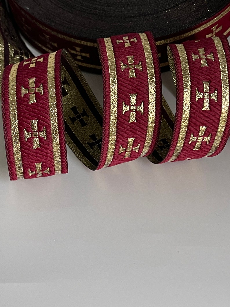 Liturgical gold cross ribbon on burgundy background liturgical border gold cross ribbon 28 mm burgundy and gold Church braid ecclesiastical ribbon image 7