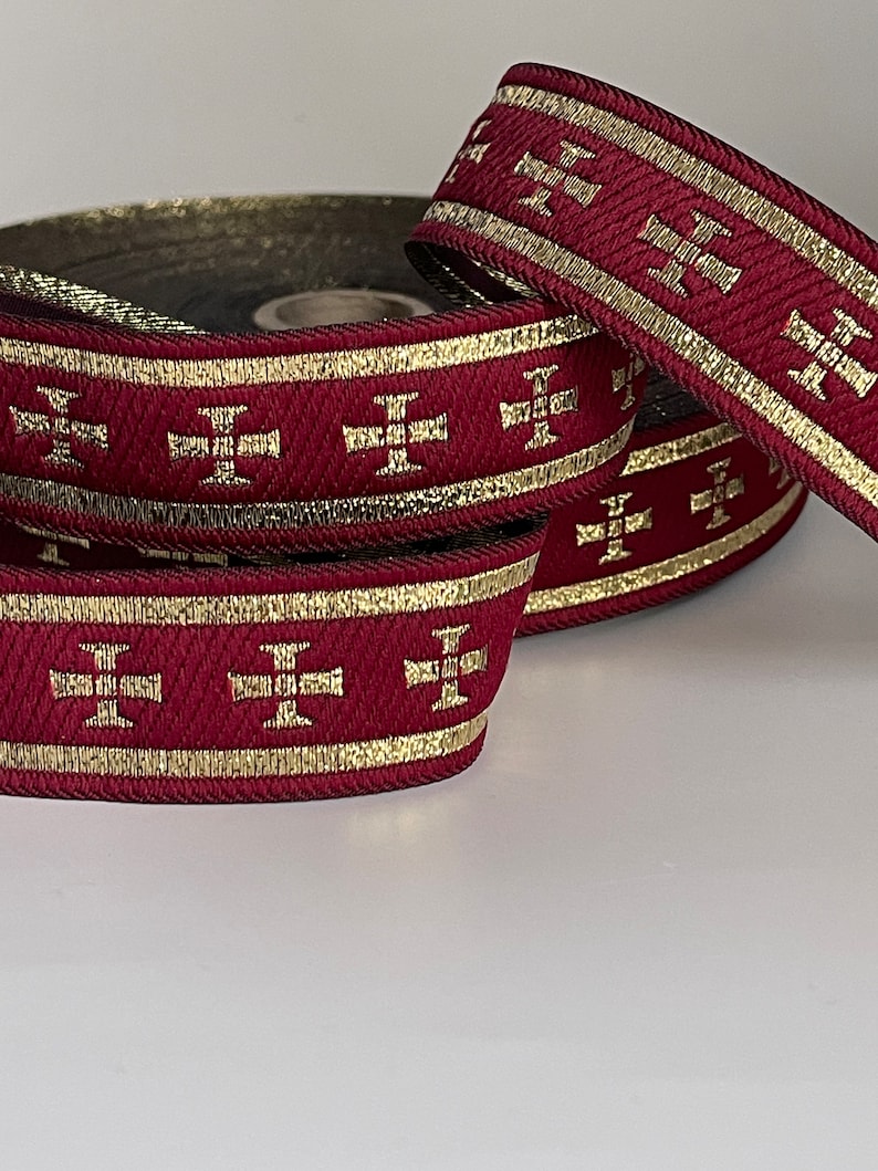 Liturgical gold cross ribbon on burgundy background liturgical border gold cross ribbon 28 mm burgundy and gold Church braid ecclesiastical ribbon image 4