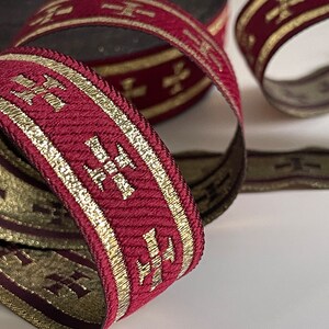 Liturgical gold cross ribbon on burgundy background liturgical border gold cross ribbon 28 mm burgundy and gold Church braid ecclesiastical ribbon image 10