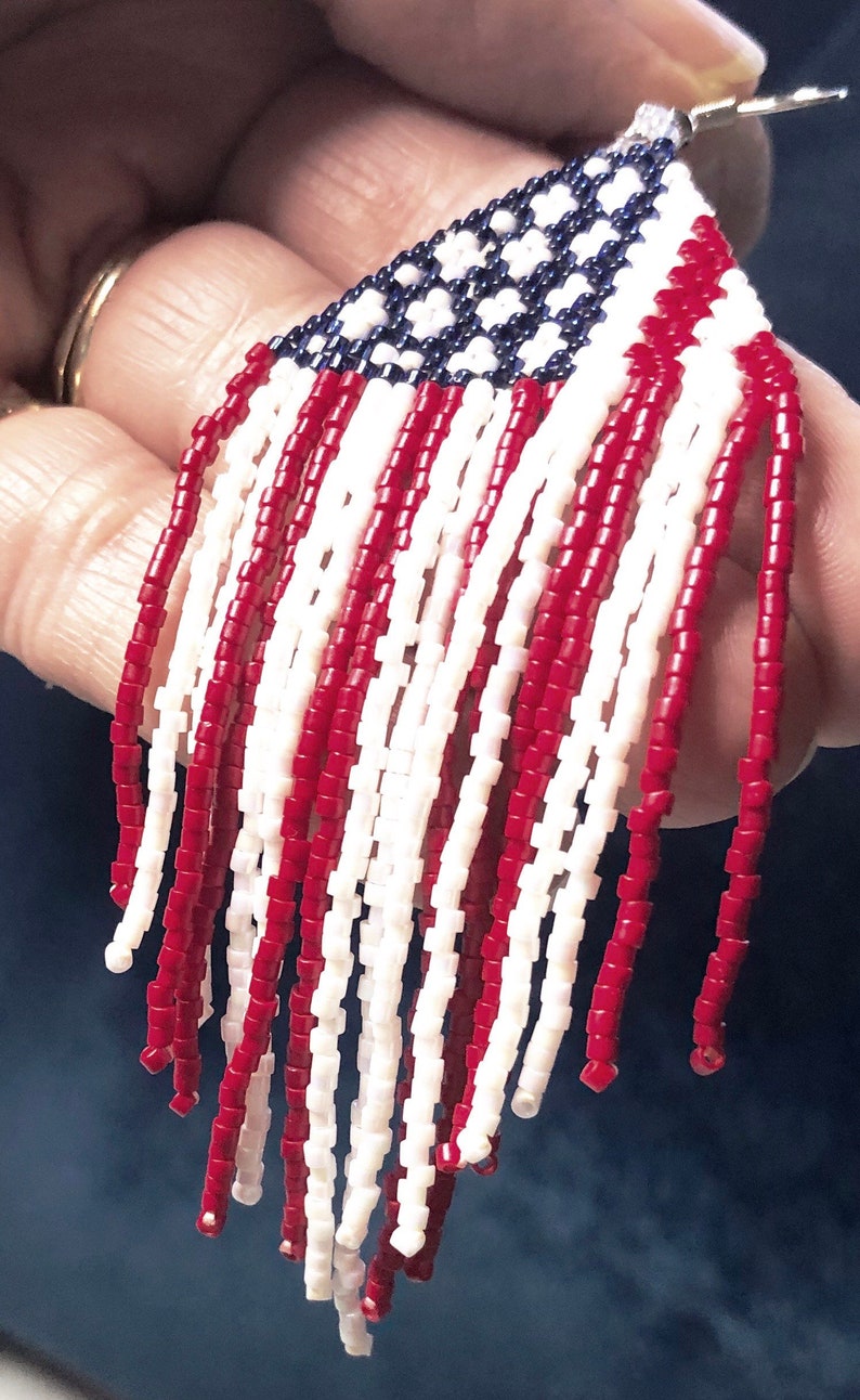 Patriotic Earrings Red White Blue Statement Earrings Long Fringe