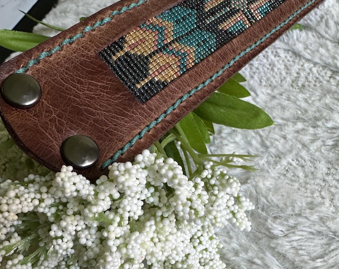 Featured listing image: 4, Leather n Beads Cuff Bracelet, Double Snap Closure, Native American, HandCrafted, Delica Glass Beads on Loom, Great Gifts, Special Order