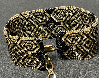 Gold Black Miyuki Seed Bead Bracelet, Hand Woven Cuff