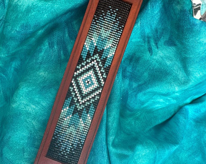 Featured listing image: 1,Leather and Beads Cuff Bracelet, Native American, Snap Closure, Handcrafted, Delica Beads in a Loom Pattern, Leather Backing, Ideal Gift