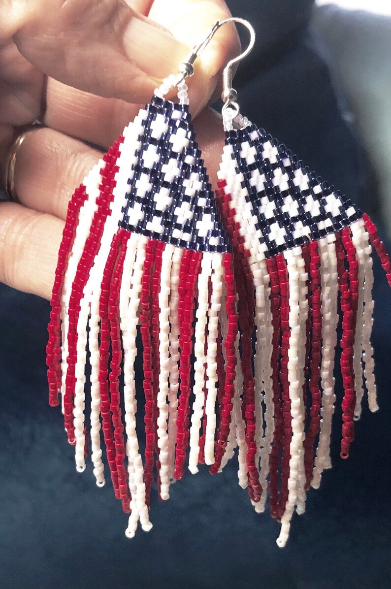 Patriotic Earrings Red White Blue Statement Earrings Long Fringe