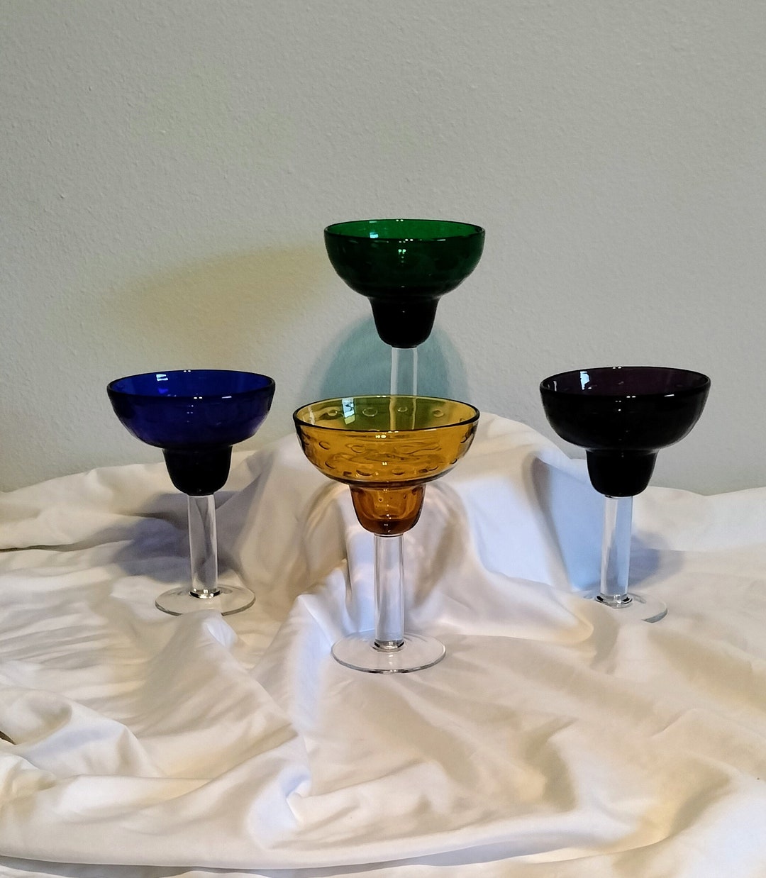 Very Cool Set of Hand Blown Margarita Glasses. Multicolored Set of Four