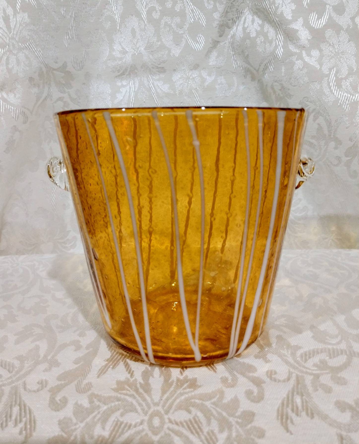 Amber hand blown Italian glass ice bucket. Made by Vinini for Etsy
