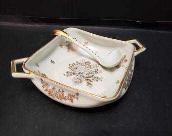 Rare Vintage Hand Painted Porcelaine De France Sauce Dish with Spoon Gold Gilt Limoges