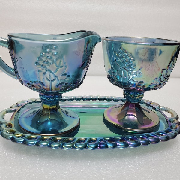 Vintage Irridescent Blue  Carnival Glass Creamer and Sugar on Regal Tray