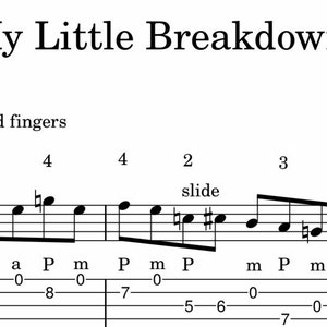 Peut inclure: Une tablature de guitare montrant la chanson "My Little Breakdown" avec les paroles et la notation musicale pour les doigts de la main gauche. La tablature comprend les chiffres 2, 4, 3 et glisse.