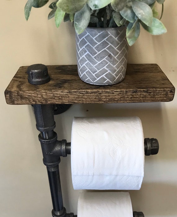 Wood Toilet Paper Holder With Shelf- Wall Mounted Rustic Modern Farmhouse