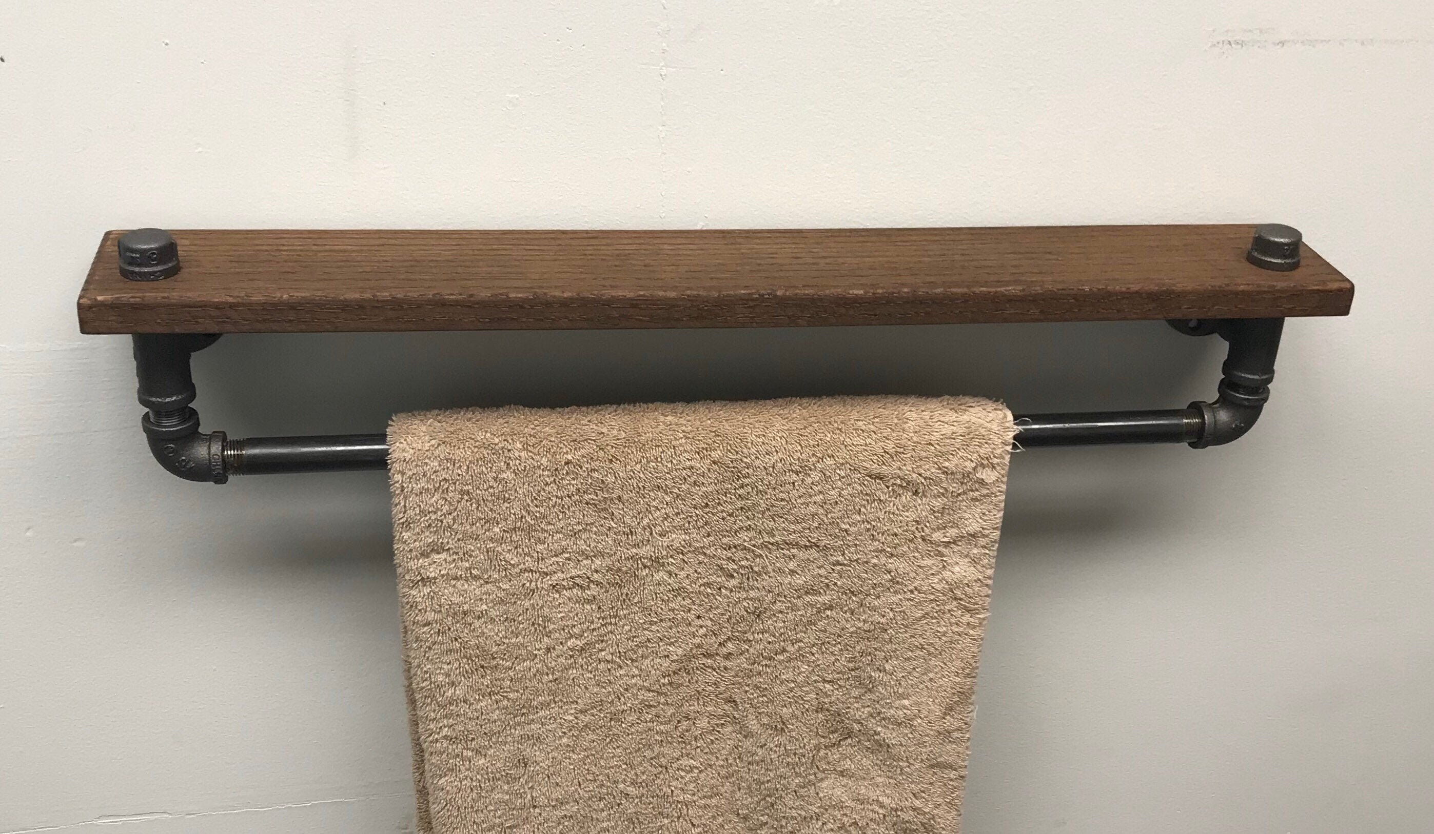 Rustic towel bar with oak shelf Etsy