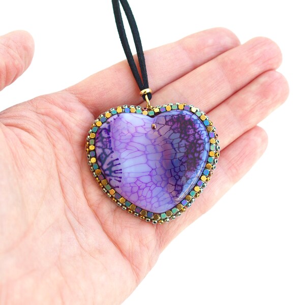 Dragon Veins Agate Heart Pendant Necklace-Beaded Rainbow Pendant Necklace-Agate Pendant Necklace-Vegan Leather Necklace-Purple Love Necklace