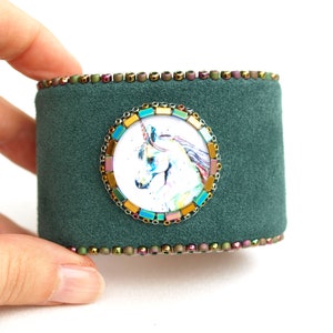 Unicorn Spirit Leather Bracelet- Bottle Green Leather Cuff Bracelet-Animal Leather Bracelet-Statement Boho Bracelet-Unicorn Leather Bracelet