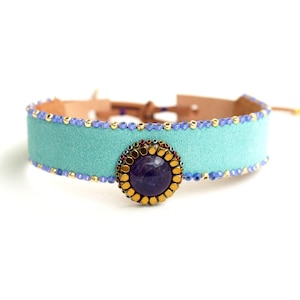 Amethyst Leather Choker-Gemstone Soft Leather Choker Necklace-Turquoise Leather Choker Necklace-Statement Leather Choker-Boho Leather Choker