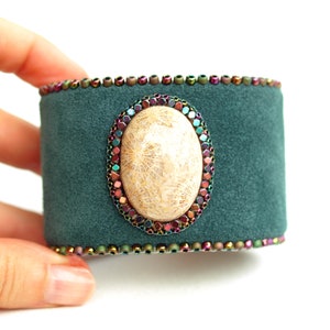 Fossil Coral Leather Bracelet-Statement Leather Cuff Bracelet-Bottle Green Leather Bracelet-Gemstone Leather Bracelet-Women Leather Bracelet