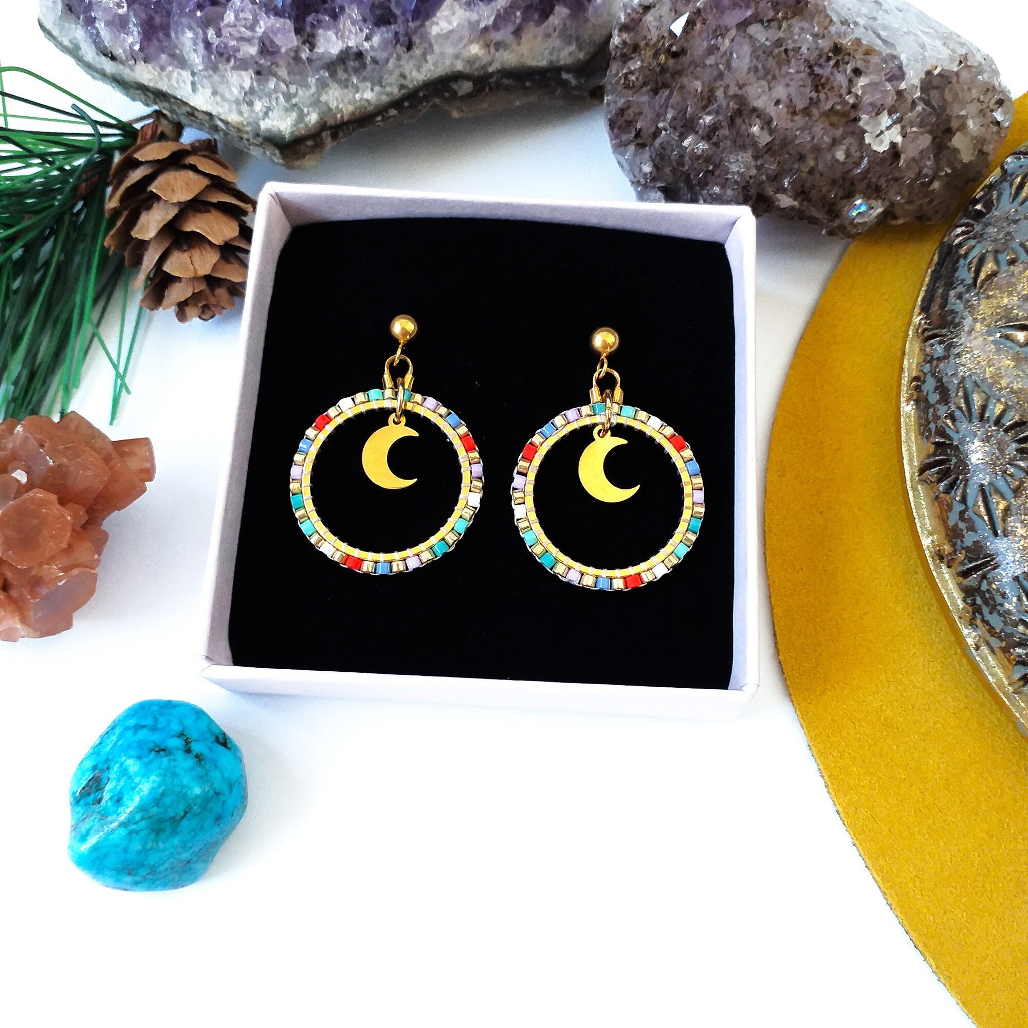 La Luna Small Hoop Earrings-Beaded Hoop Earrings-Bohemian Colorful  Earrings-Moon Earrings-Rainbow Circle Earrings-Native Beaded Earrings